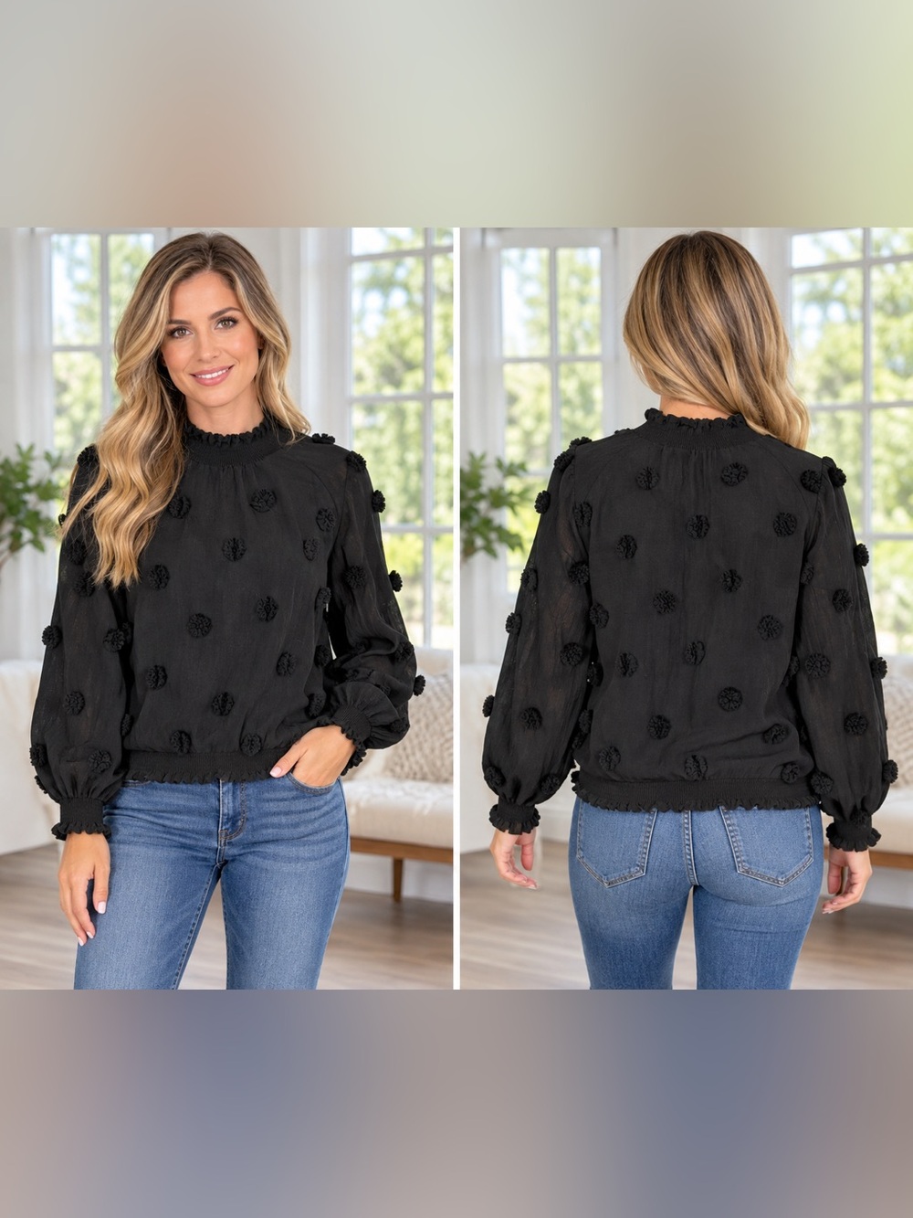Entro Black Textured Pom-Pom Smocked Neck Blouse w/Cami Size Large